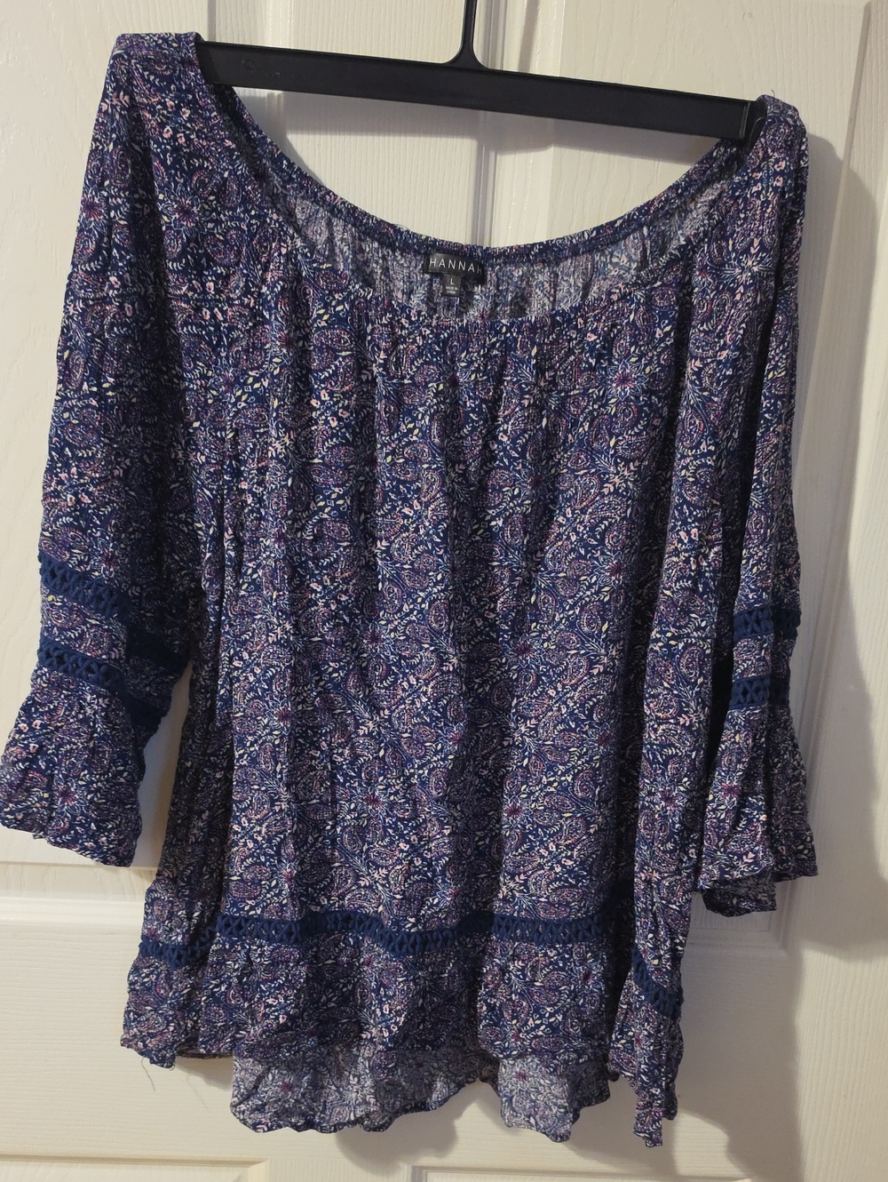 Hannah Navy and Pink Paisley Peasant Blouse Off Shoulder